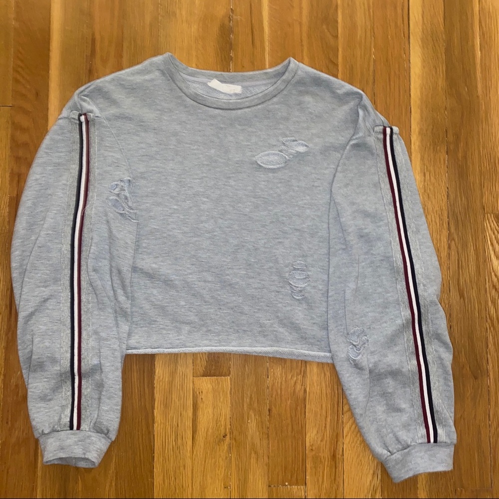 distressed cropped long sleeve with stripes on arm